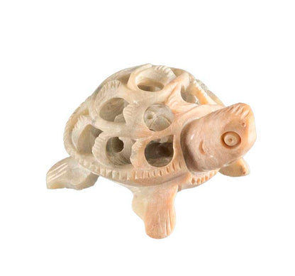 Tortue Ajourée En Stéatite – Sculpture Artisanale Avec Tortue Miniature En Inde