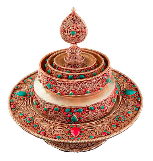Set D’Offrande Du Mandala Tibétain En Cuivre Doré Et Filigrané – Pièce Exceptionnelle Qualité Monastère