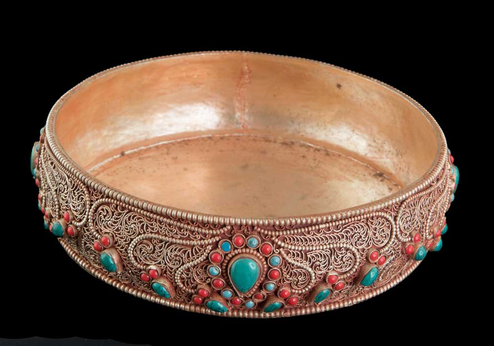 Set D’Offrande Du Mandala Tibétain En Cuivre Doré Et Filigrané – Pièce Exceptionnelle Qualité Monastère