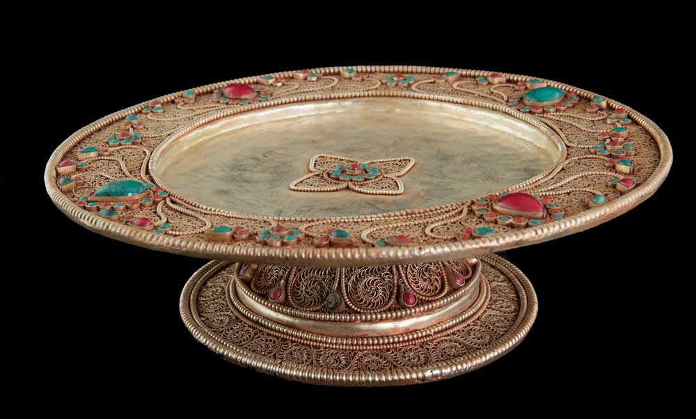Set D’Offrande Du Mandala Tibétain En Cuivre Doré Et Filigrané – Pièce Exceptionnelle Qualité Monastère