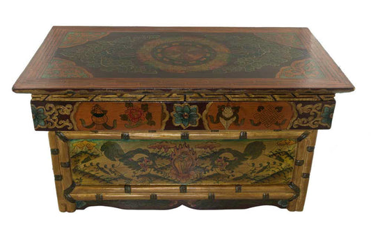Table de méditation tibétaine pliable 74 cm – meuble artisanal bouddhiste en bois naturel