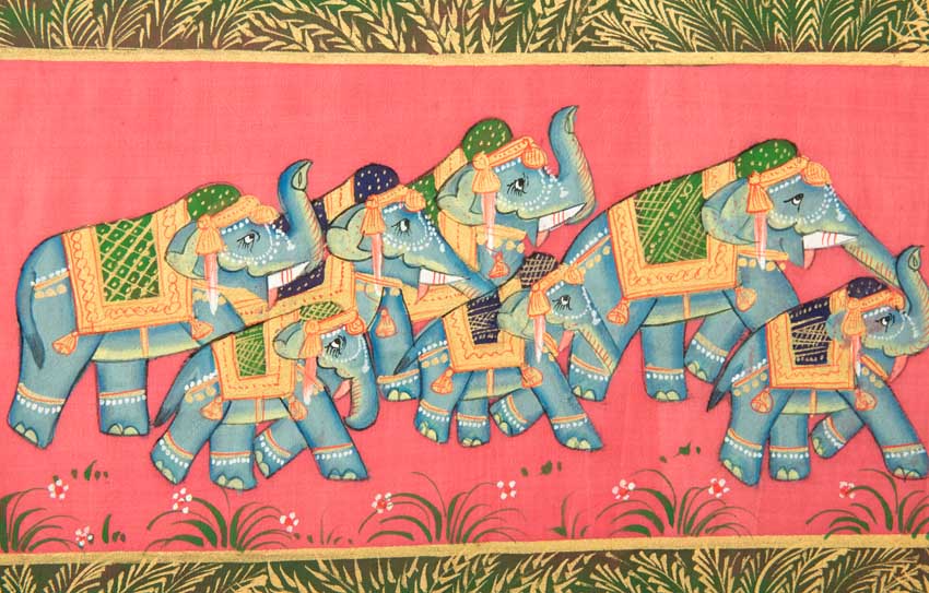 Peinture Moghole Éléphant Parade Royale 39 cm – Artisanat Indien Fait Main