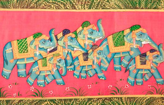 Peinture Moghole Éléphant Parade Royale 39 cm – Artisanat Indien Fait Main