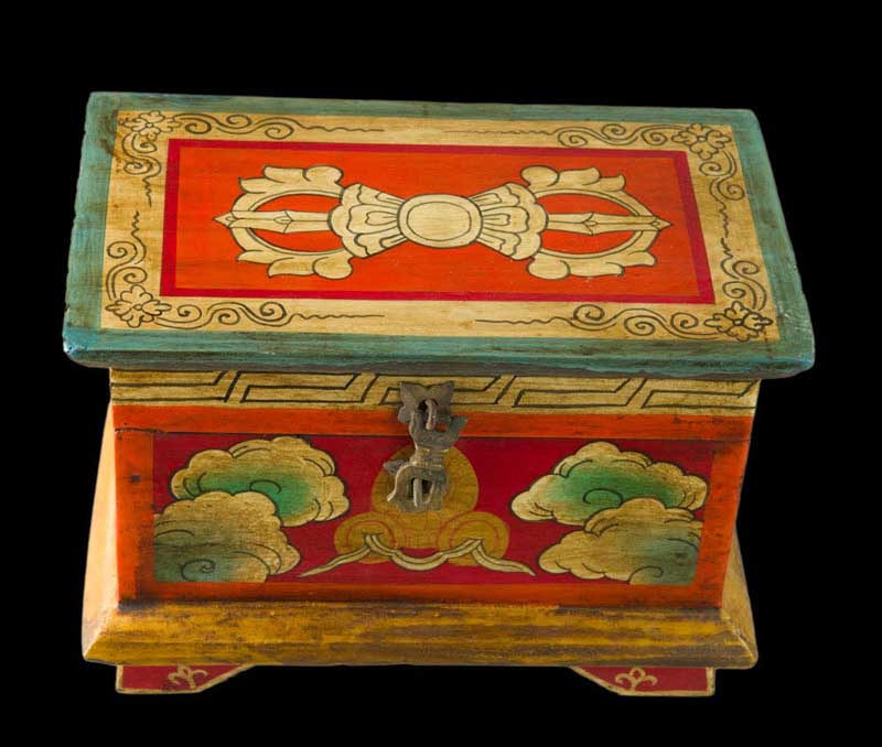 Boîte tibétaine en bois peint – Vajra et nœud glorieux, artisanat du Népal 20 cm