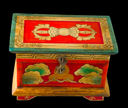 Boîte tibétaine en bois peint – Vajra et nœud glorieux, artisanat du Népal 20 cm