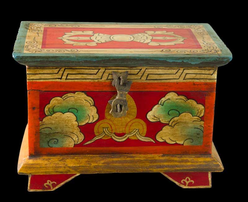 Boîte tibétaine en bois peint – Vajra et nœud glorieux, artisanat du Népal 20 cm