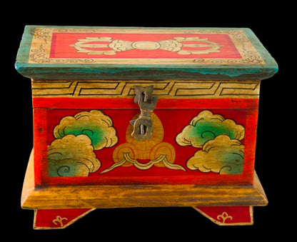 Boîte tibétaine en bois peint – Vajra et nœud glorieux, artisanat du Népal 20 cm