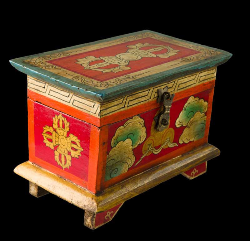 Boîte tibétaine en bois peint – Vajra et nœud glorieux, artisanat du Népal 20 cm