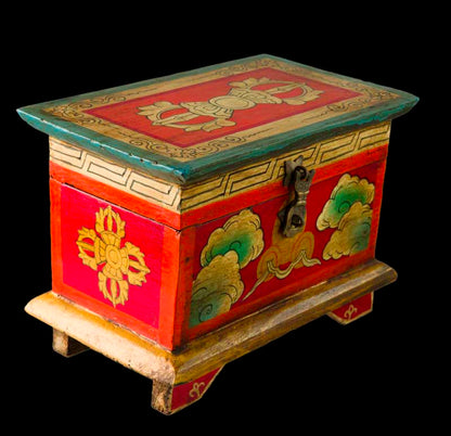 Boîte tibétaine en bois peint – Vajra et nœud glorieux, artisanat du Népal 20 cm
