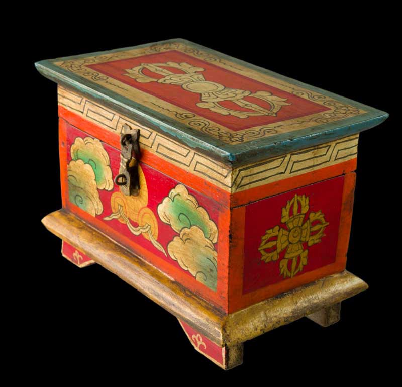 Boîte tibétaine en bois peint – Vajra et nœud glorieux, artisanat du Népal 20 cm