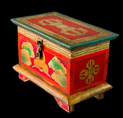 Boîte tibétaine en bois peint – Vajra et nœud glorieux, artisanat du Népal 20 cm