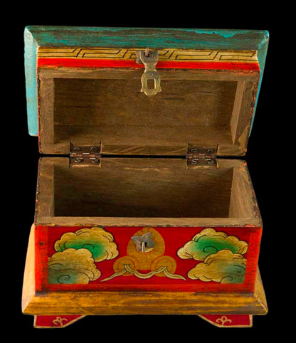 Boîte tibétaine en bois peint – Vajra et nœud glorieux, artisanat du Népal 20 cm