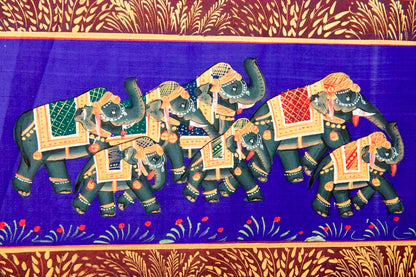 Peinture Moghole Éléphant Royal et Parade 39 cm – Artisanat Indien Fait Main