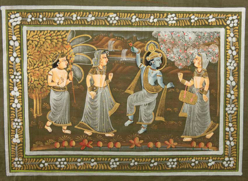Peinture Moghole Krishna et Radha Dansant 39 cm – Artisanat Indien Fait Main
