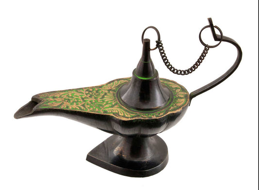 Lampe d’Aladin en Laiton 19,5 cm – Patine Brune et Verte – Artisanat Indien