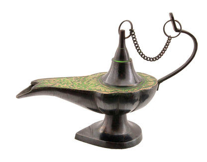 Lampe d’Aladin en Laiton 19,5 cm – Patine Brune et Verte – Artisanat Indien