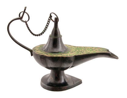 Lampe d’Aladin en Laiton 19,5 cm – Patine Brune et Verte – Artisanat Indien