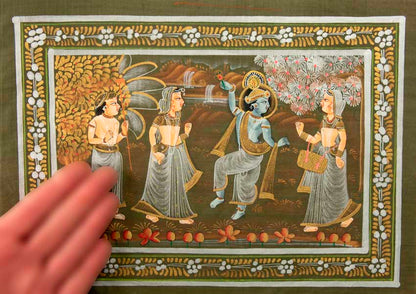 Peinture Moghole Krishna et Radha Dansant 39 cm – Artisanat Indien Fait Main
