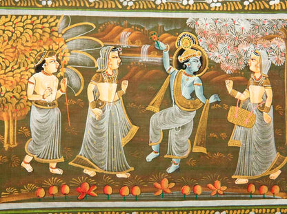 Peinture Moghole Krishna et Radha Dansant 39 cm – Artisanat Indien Fait Main