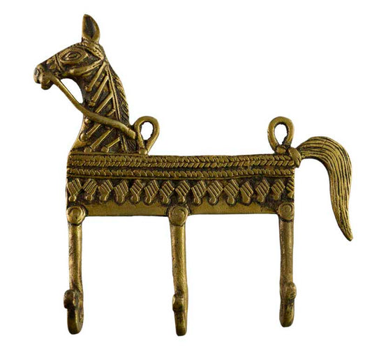 Porte-Serviettes Cheval – Triple Patère Murale En Laiton Orissa Inde