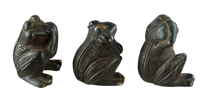 Statuettes Trois Grenouilles de la Sagesse En Laiton Patiné – Artisanat Indien