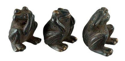 Statuettes Trois Grenouilles de la Sagesse En Laiton Patiné – Artisanat Indien