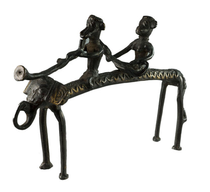 Statue 2 Chasseurs À Dos D’Éléphant – Art Tribal Bastar Dhokra – Pièce Rare