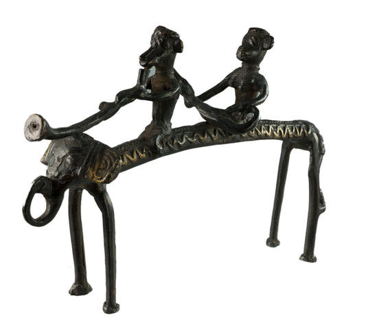 Statue 2 Chasseurs À Dos D’Éléphant – Art Tribal Bastar Dhokra – Pièce Rare