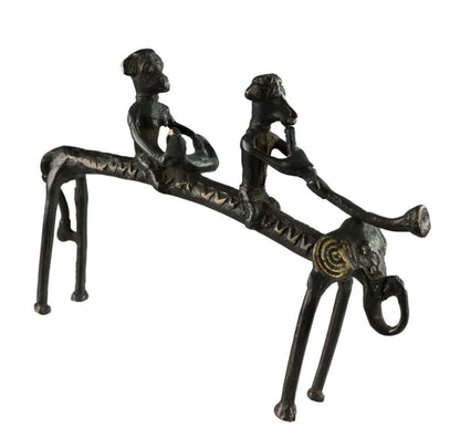 Statue 2 Chasseurs À Dos D’Éléphant – Art Tribal Bastar Dhokra – Pièce Rare