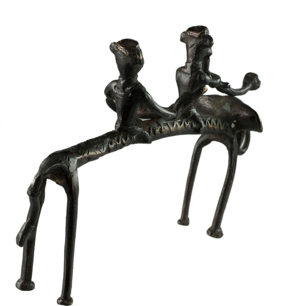 Statue 2 Chasseurs À Dos D’Éléphant – Art Tribal Bastar Dhokra – Pièce Rare