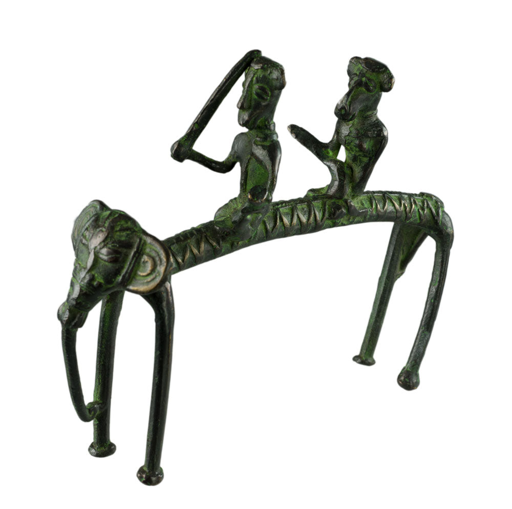 Figurine 2 Cavaliers Sur Éléphant En Laiton – Art Tribal Bastar Dhokra – Pièce Rare Et Unique
