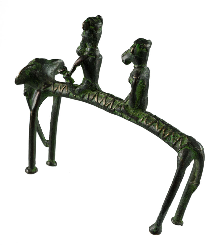 Figurine 2 Cavaliers Sur Éléphant En Laiton – Art Tribal Bastar Dhokra – Pièce Rare Et Unique