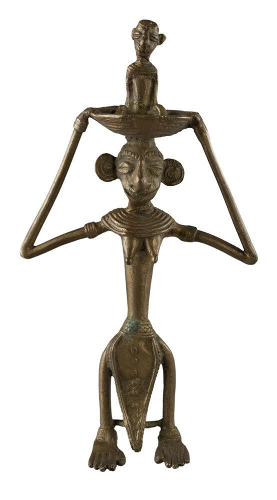 Statue Maternité Dhokra – Femme Et Enfant Avec Panier Sur La Tête – Art Tribal Bastar Inde
