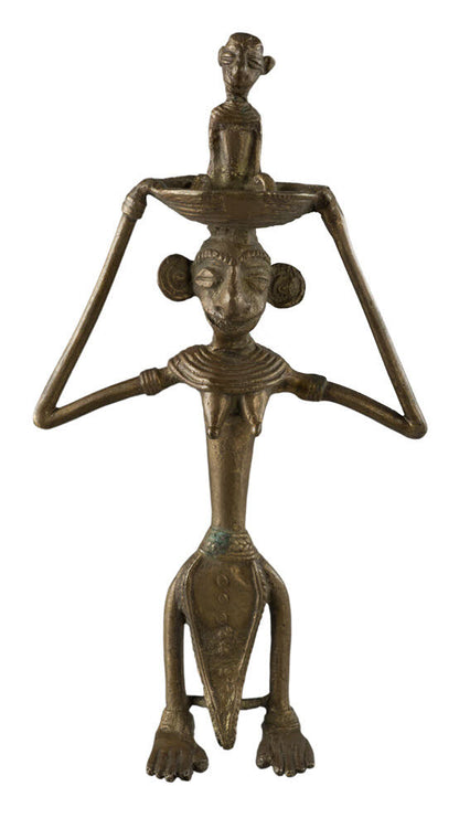 Statue Maternité Dhokra – Femme Et Enfant Avec Panier Sur La Tête – Art Tribal Bastar Inde
