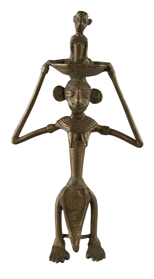 Statue Maternité Dhokra – Femme Et Enfant Avec Panier Sur La Tête – Art Tribal Bastar Inde