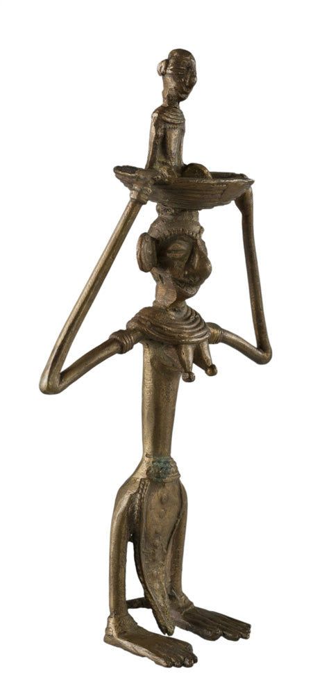 Statue Maternité Dhokra – Femme Et Enfant Avec Panier Sur La Tête – Art Tribal Bastar Inde