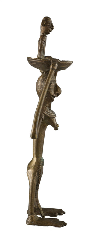 Statue Maternité Dhokra – Femme Et Enfant Avec Panier Sur La Tête – Art Tribal Bastar Inde