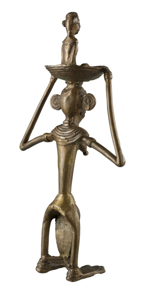 Statue Maternité Dhokra – Femme Et Enfant Avec Panier Sur La Tête – Art Tribal Bastar Inde