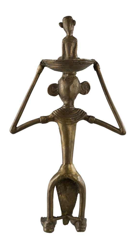Statue Maternité Dhokra – Femme Et Enfant Avec Panier Sur La Tête – Art Tribal Bastar Inde