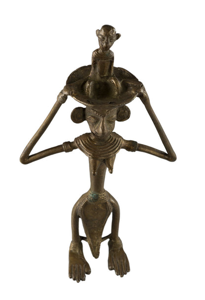 Statue Maternité Dhokra – Femme Et Enfant Avec Panier Sur La Tête – Art Tribal Bastar Inde