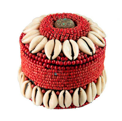 Boîte À Bijoux Tibétaine Avec Cauris Et Perles Rouges – Artisanat Traditionnel