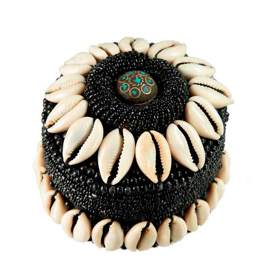 Boîte À Bijoux Tibétaine Avec Cauris Et Perles Noires – Artisanat Traditionnel