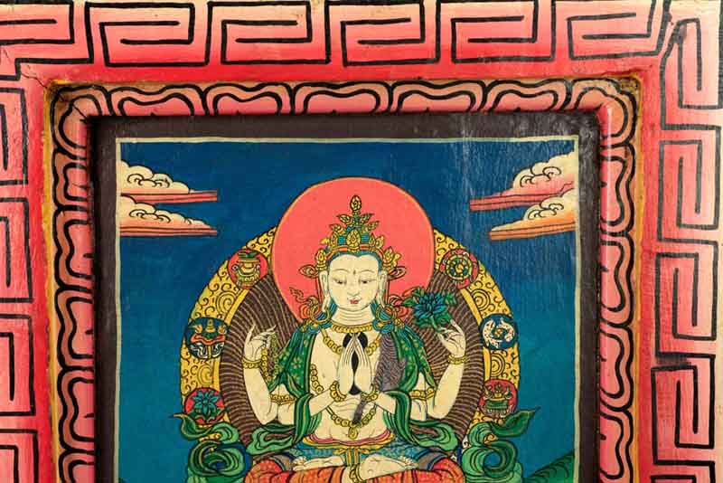 Thangka Chenrezig – Bodhisattva De La Compassion Peinture Sur Bois Népalais