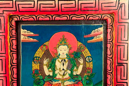 Thangka Chenrezig – Bodhisattva De La Compassion Peinture Sur Bois Népalais