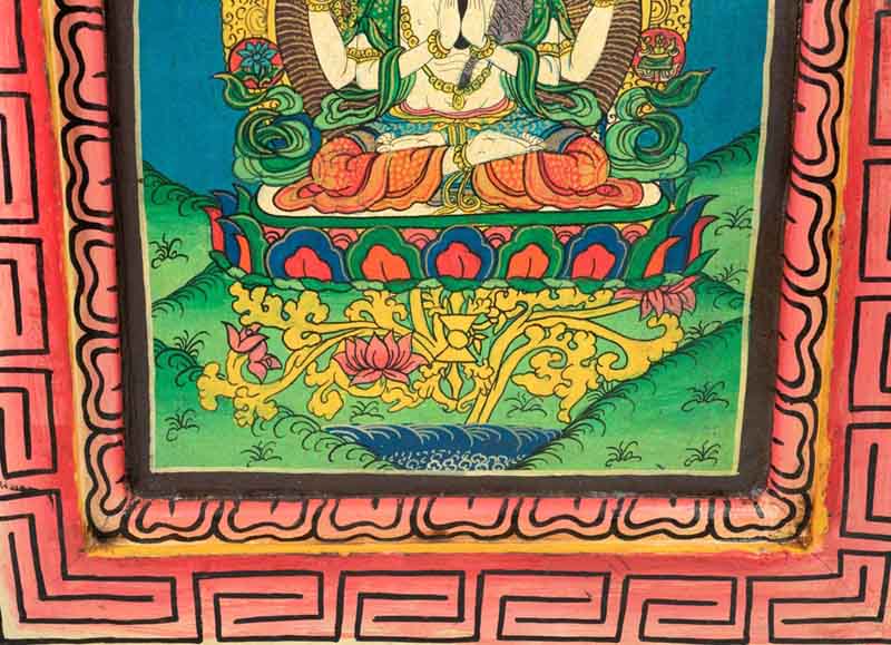 Thangka Chenrezig – Bodhisattva De La Compassion Peinture Sur Bois Népalais