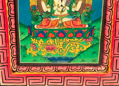 Thangka Chenrezig – Bodhisattva De La Compassion Peinture Sur Bois Népalais