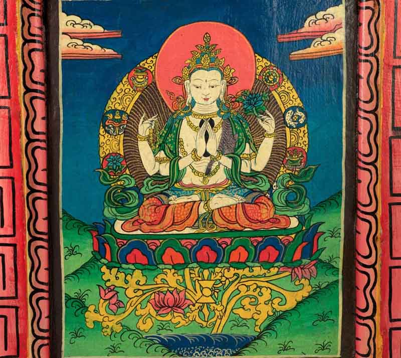 Thangka Chenrezig – Bodhisattva De La Compassion Peinture Sur Bois Népalais