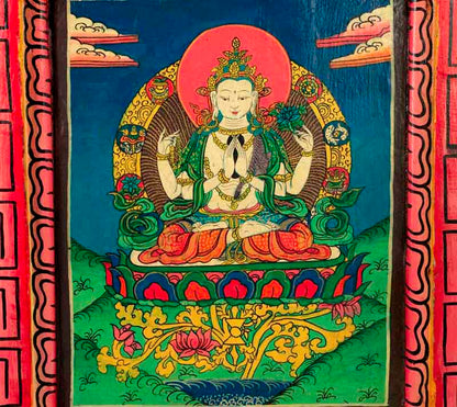Thangka Chenrezig – Bodhisattva De La Compassion Peinture Sur Bois Népalais
