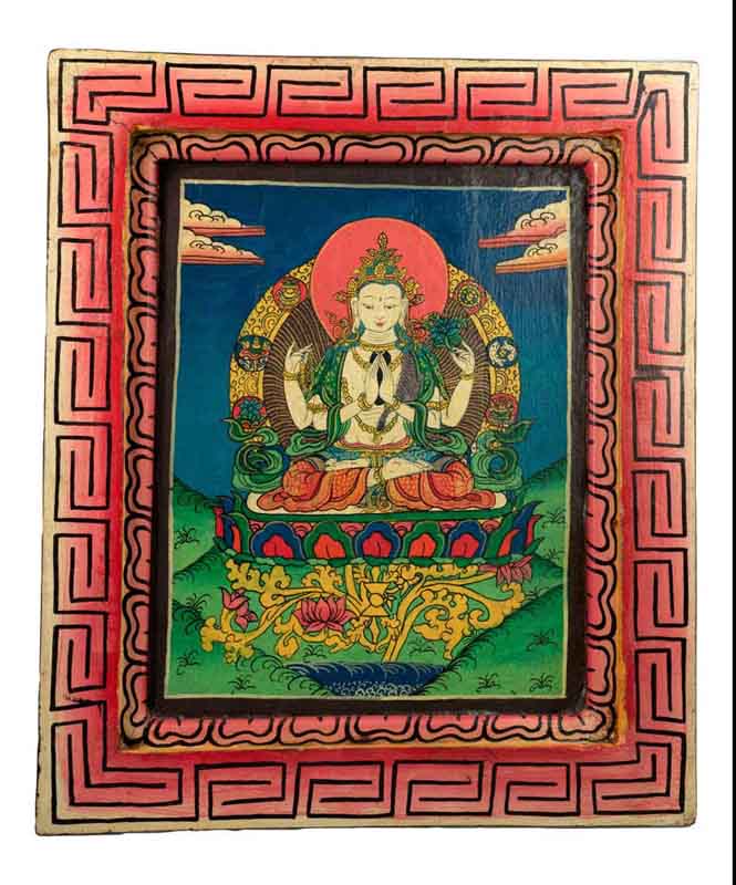 Thangka Chenrezig – Bodhisattva De La Compassion Peinture Sur Bois Népalais