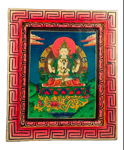 Thangka Chenrezig – Bodhisattva De La Compassion Peinture Sur Bois Népalais